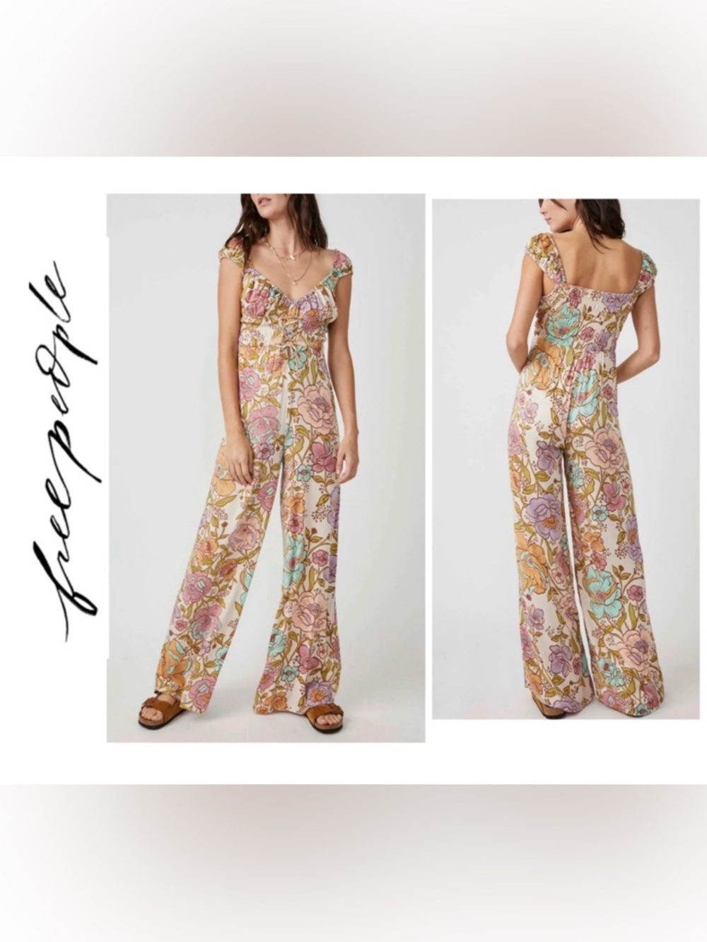 Free People Rolling Hills Jumpsuit In Tea Combo Floral Smocked W Wide Legs